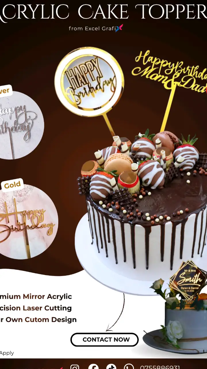 Gold acrylic cake toppers on a birthday cake