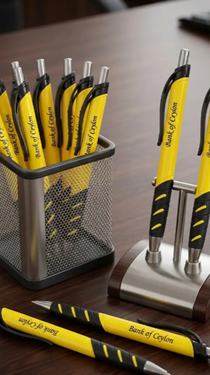 Yellow pens printed with a client’s name